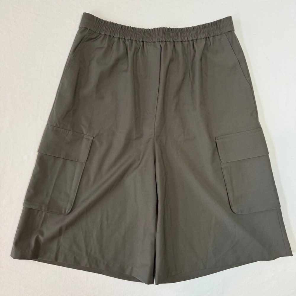 Tibi Long Wide-Leg Cargo Shorts Womens Large Gray Wool Blend Pockets Drawstring